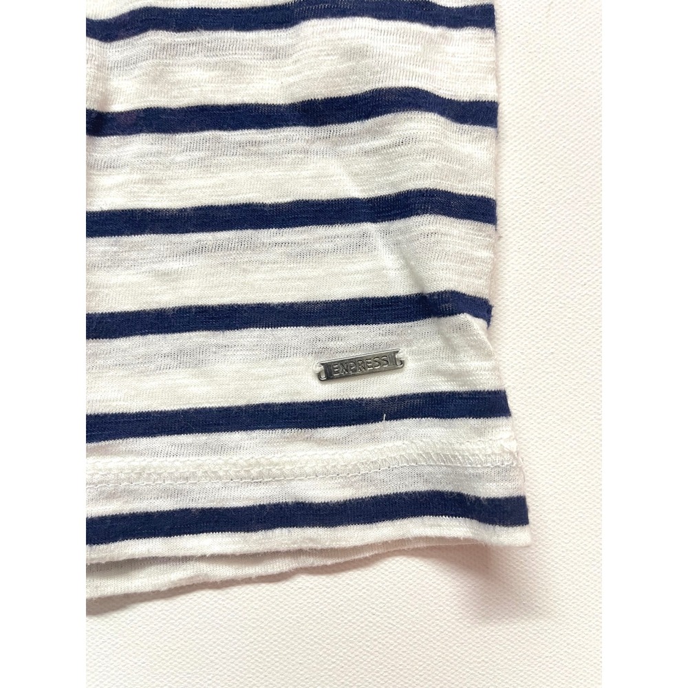 Express Mens Medium Long Sleeve Striped Pocket Crew Neck Tee White Navy Blue 320 - Picture 6 of 9